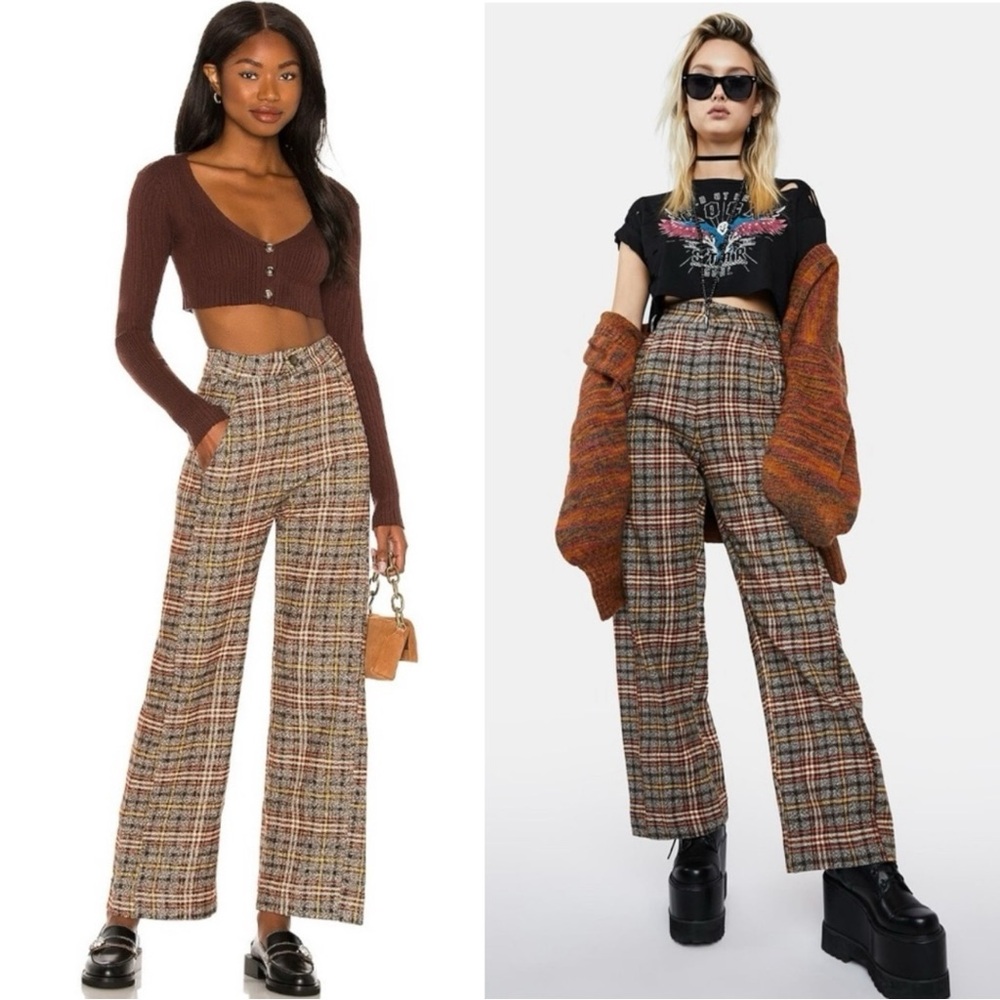 Free People Dark Academia Tartan Plaid Wide Leg Shape Up Trouser Pants Size 2 - Picture 2 of 15